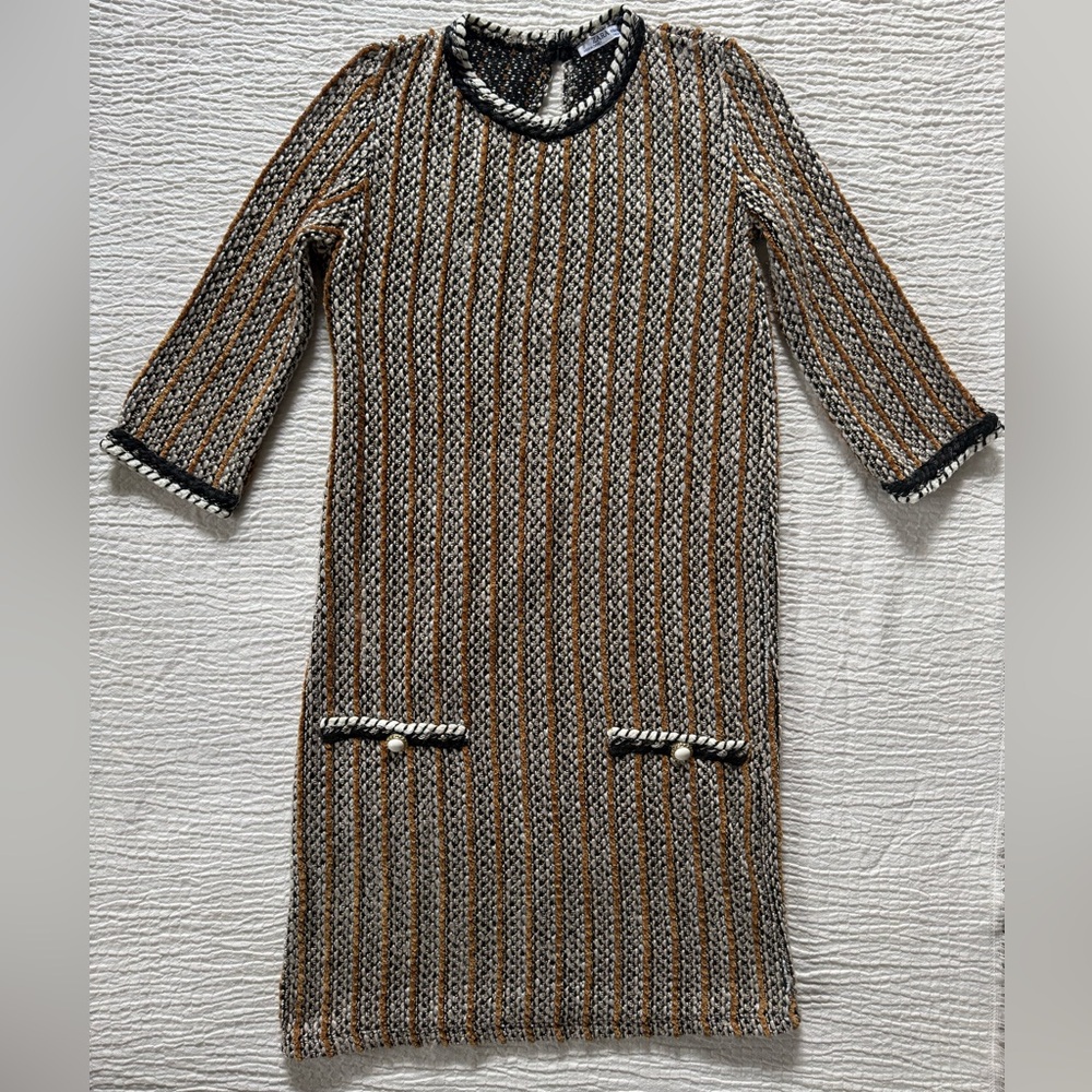 Zara Black, White & Burnt Orange Striped Midi Dress